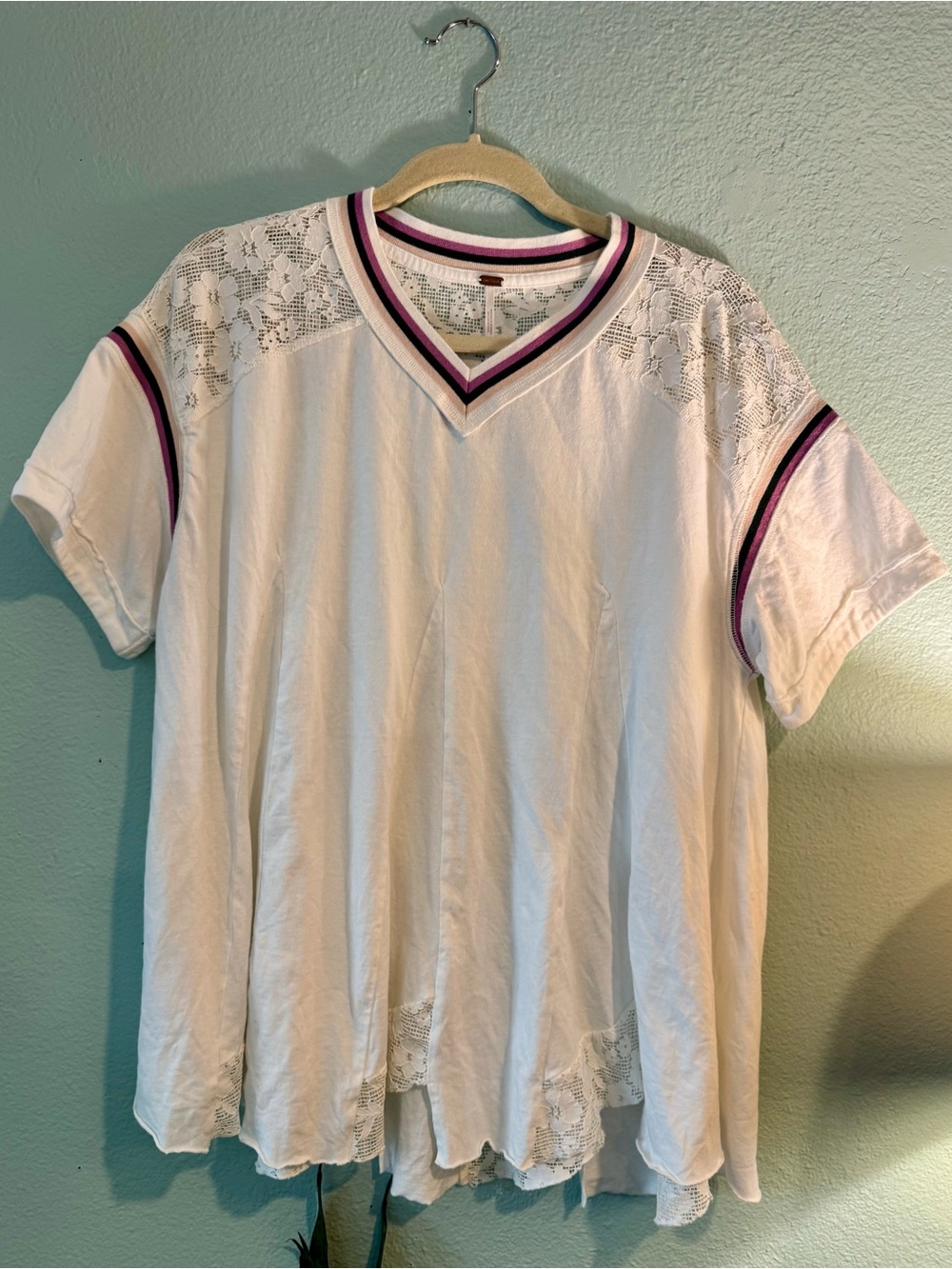 NWOT Free People Knockout
Tee lace panels & sporty striped trim Size-XS